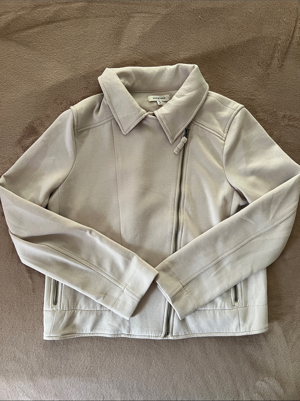 Max Studio Light Beige Asymmetric Zip Crop Jacket